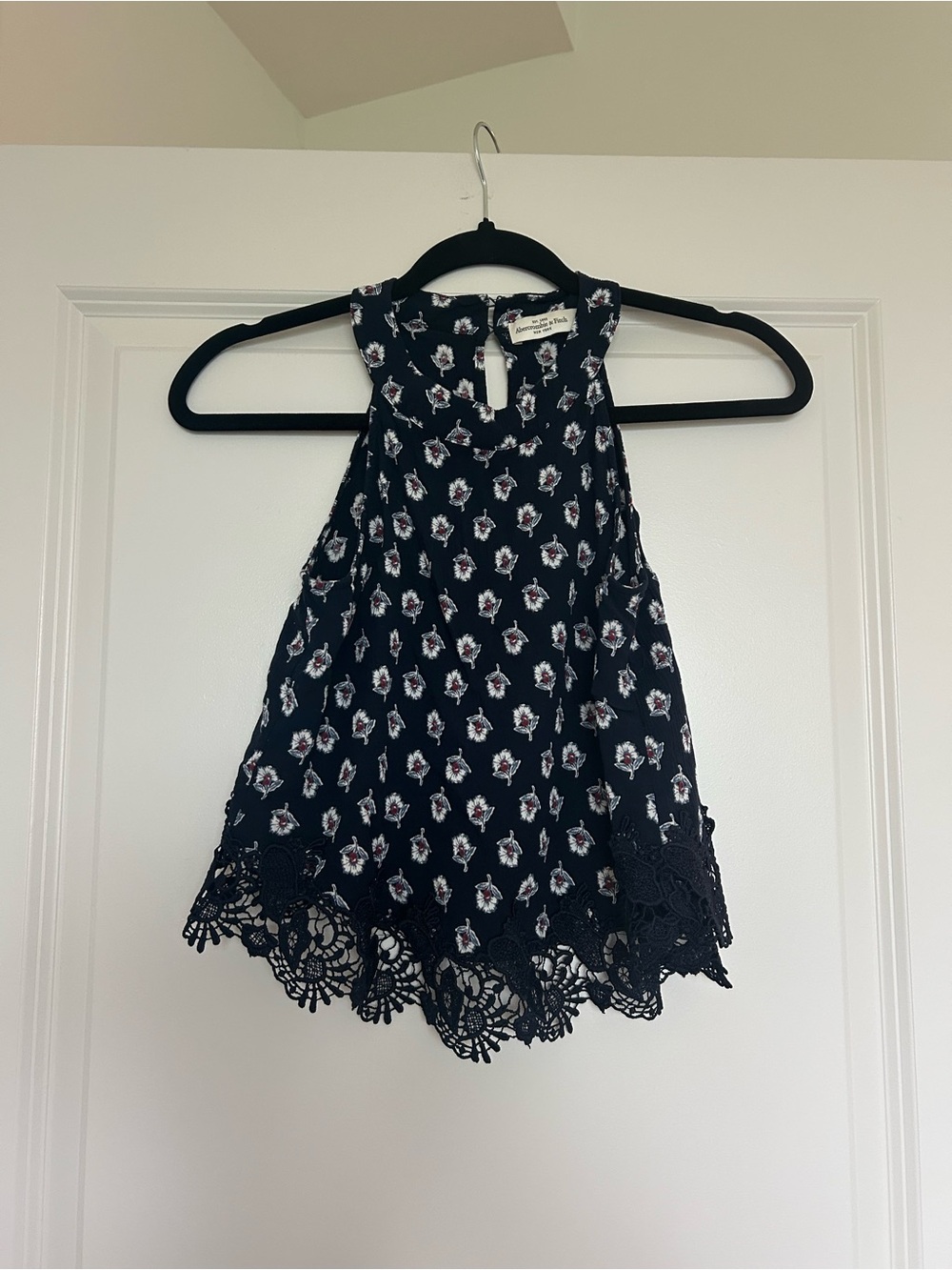 Abercrombie & Fitch Navy Floral Lace-Hem Hater Tank Top